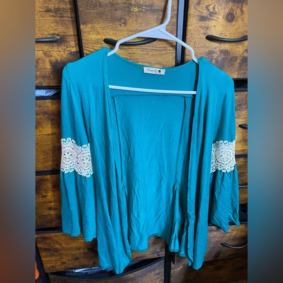 Teal Open Cardigan with Lace Accents - Picture 1 of 4
